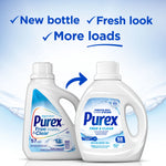 Comparison graphic of two Purex Free & Clear bottles with copy 'New bottle, Fresh look, More loads' and arrow pointing to new bottle