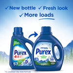 Promotional graphic comparing old and new Purex detergent bottles with text about new bottle and more loads