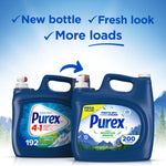 Two Purex detergent jugs side by side showing old and new bottle designs with text highlighting new bottle and more loads