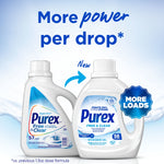 Marketing image showing old and new Purex detergent bottles side-by-side with text 'More power per drop' and 'More loads' badge.
