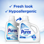 Two Purex detergent bottles showing older and new packaging with text highlighting fresh look and hypoallergenic