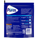 Back of a Purex pouch showing directions, warnings, and pictogram dosing for regular, heavy and XL loads