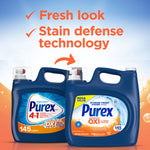 Two Purex laundry detergent jugs side-by-side with headline text promoting fresh look and stain defense technology.