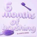 Playful purple graphic reading “6 months of brushing” with two purple toothbrush heads highlighting longevity message