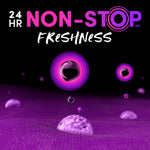 Graphic close-up of purple scent beads and droplets on fabric with '24 HR NON-STOP FRESHNESS' headline