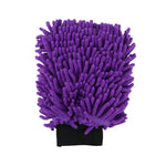 purple chenille microfiber cleaning mitt with black elastic cuff on a white background