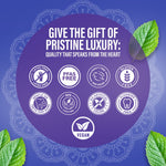 Purple infographic circle with multiple certification icons (vegan, gluten free, cruelty free and other seals) and mint leaves.