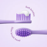 Close-up of a purple toothbrush head shown from side with toothpaste and a top view showing soft bristles and slim head