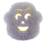 Close-up front view of a purple open-cell scrubby revealing a smiling face cutout and yellow core behind it