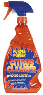 Full view of a red Purple Power Citrus Cleaner spray bottle with blue starburst label and orange-blue trigger
