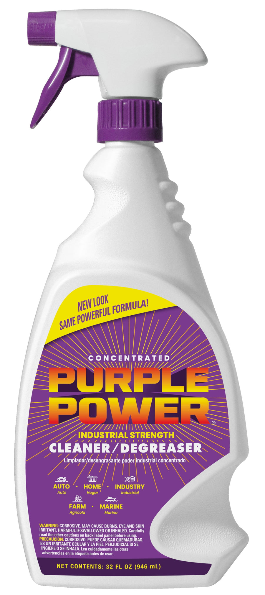 White spray bottle with purple trigger and large purple-orange 'Purple Power' front label for concentrated cleaner/degreaser