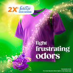 Purple shirt with glowing sparkle effects and 'fight frustrating odors' copy highlighting Febreze odor defense