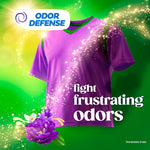 Purple t-shirt surrounded by sparkles and flowers with text calling out odor defense