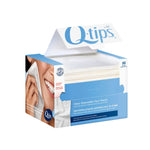Open box of Q-tips clean disposable face towels showing stack of white cotton sheets and branded flap