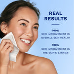 Smiling woman holding a Q-tips disposable face towel with text claiming real results and skin health improvements