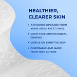 Close-up of a disposable Q-tips face towel edge beside text listing benefits like germ-free antimicrobial coating