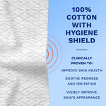 Close-up texture of a white Q-tips face towel with text proclaiming 100% cotton and hygiene shield on blue field