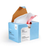 open blue box of qualiazero tall kitchen bags with a white bag and pink drawstring pulled out, box labeled 13 gallon and 50 bags
