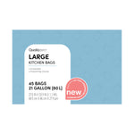 Close-up product label graphic showing Qualiazero large kitchen bags branding, 45 bags, 21 gallon and new badge