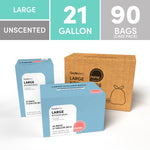 Three boxes of Qualiazero large kitchen bag packaging shown on white background with product size banners above