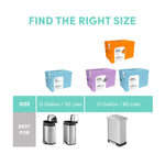 Size guide graphic showing different Qualiazero box colors and icons for best bin fit for 13 and 21 gallon sizes