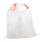 Full white drawstring trash bag tied at the top with red drawstrings on a white background.