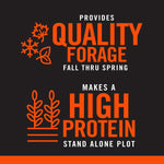 Informational graphic reading 'Provides quality forage fall thru spring' and 'Makes a high protein stand alone plot' in orange and white