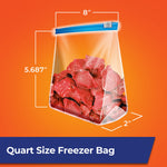 Illustration of a quart-size Hefty freezer bag with dimensions and a fill of red meat pieces on orange background