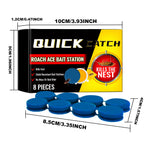 quick catch roach bait station box with eight blue round bait disks and measurement annotations in centimeters and inches