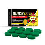 box labeled quick catch roach bait station with green round bait stations arranged in front