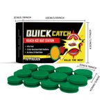 quick catch roach bait station box with 16 green bait discs and size measurements shown