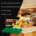 quick catch roach bait station box with green bait discs on a kitchen counter and feature bullets at left