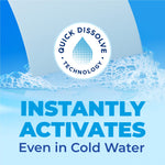 Graphic of a dissolving sheet over water with 'Quick Dissolve Technology' emblem and text 'Instantly Activates Even in Cold Water'.