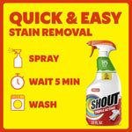 Instructional graphic showing spray bottle icon, clock and washing machine with Shout bottle and ‘Quick & Easy Stain Removal’ text