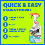 Bright instructional graphic listing spray & wait, blot, spray & scrub, blot dry steps alongside a Shout Carpet Clean Up Foamer bottle