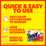 Instructional graphic on yellow background with steps and a small SHOUT Color Catcher box showing how to add a sheet, load clothes, and wash