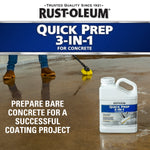 Lifestyle panel showing a person scrubbing a wet concrete floor with a yellow brush and a Quick Prep jug
