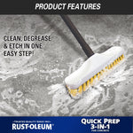 Close-up of a scrub brush working sudsy cleaner across textured concrete with product feature text