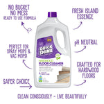 Quick Shine hardwood floor cleaner bottle surrounded by callouts highlighting features like pH neutral