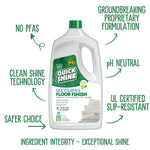 Product shot of Quick Shine floor finish bottle with callouts highlighting features like pH neutral, no PFAS, and UL slip-resistant.
