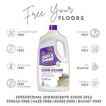 Quick Shine hardwood floor cleaner bottle with icons listing free-from claims and the phrase ‘Free Your Floors’