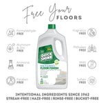 Quick Shine bottle centered with icons and labels around it indicating free-from claims such as formaldehyde-free, PFAS free, and fragrance-free.