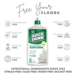 Quick Shine bottle centered with icons listing various ingredients and product-free claims under headline “Free Your Floors”
