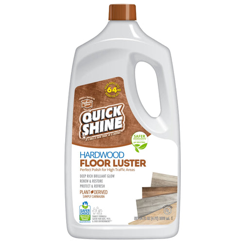 White jug of Quick Shine hardwood floor luster with brown cap and label showing product name and wood sample swatches