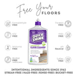 Quick Shine bottle with infographic icons listing free-from claims like formaldehyde, ammonia, parabens and pH-neutral benefits.