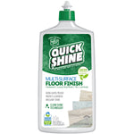 Bottle of Quick Shine multi-surface floor finish with green label and product claims on a white background