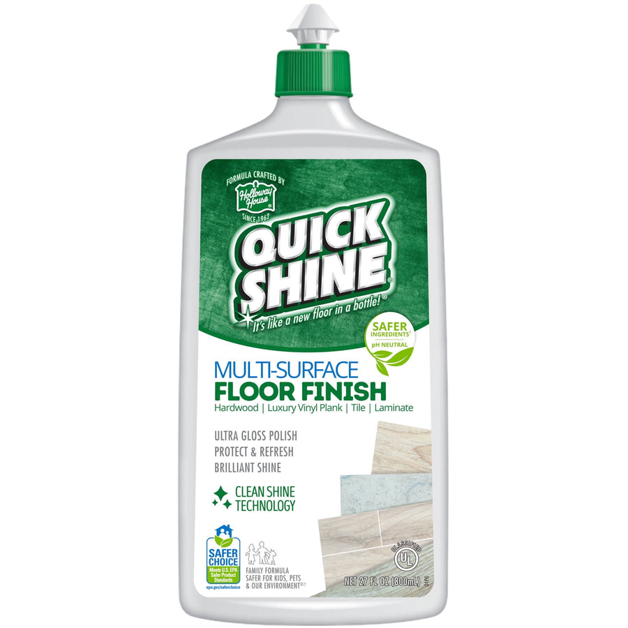 Bottle of Quick Shine multi-surface floor finish with green label and product claims on a white background