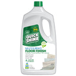 White jug of Quick Shine multi-surface floor finish with green cap and product label showing wood tile swatches.