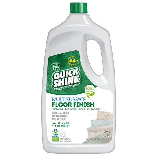 White jug of Quick Shine multi-surface floor finish with green cap and product label showing wood tile swatches.
