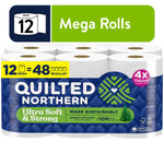 Packaged Quilted Northern Ultra Soft & Strong toilet paper 12 mega rolls front packaging